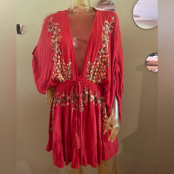 Free People Dresses & Skirts - Women’s FreePeople Embroidered Plunge Neck Mini Dress, Size L